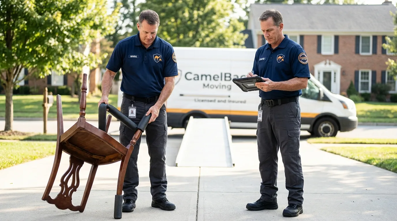 Movers inspecting furniture for damage prevention before loading in Hamilton, AL