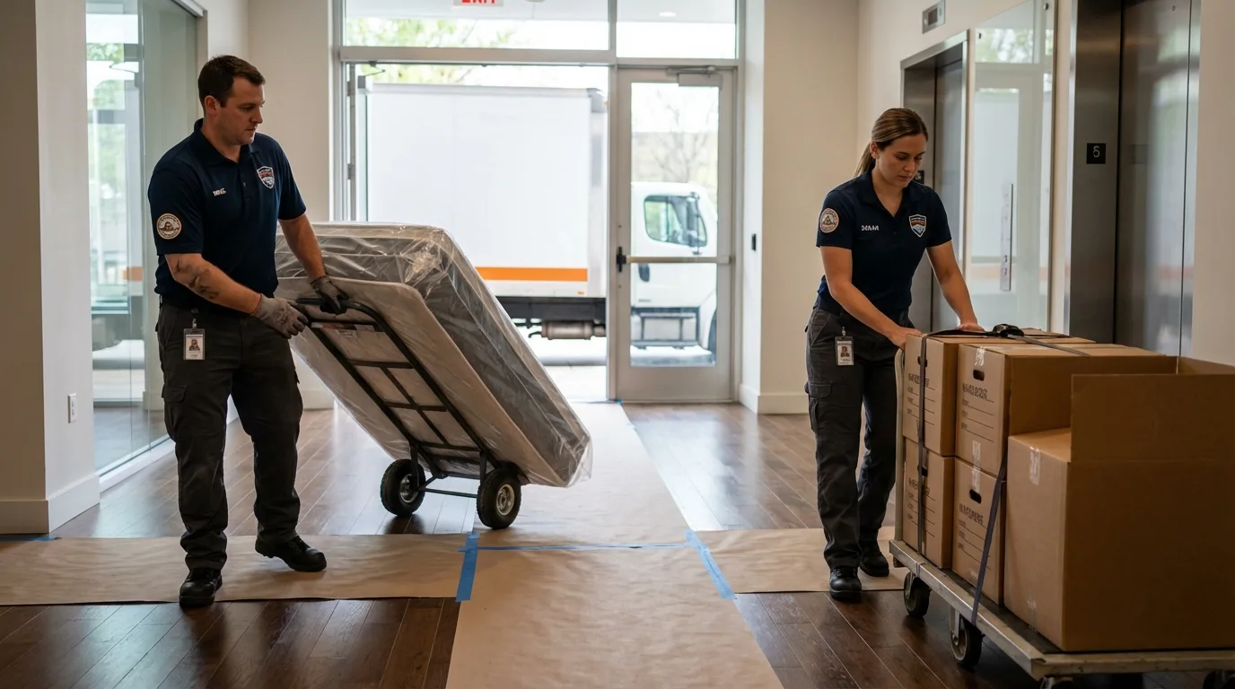 Professional apartment movers loading elevator in Hamilton, AL